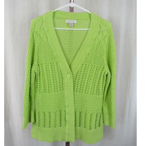 Christopher & Banks Sweaters - Christopher & Banks XL Chartreuse Open Knit Crochet One Button Cardigan Sweater